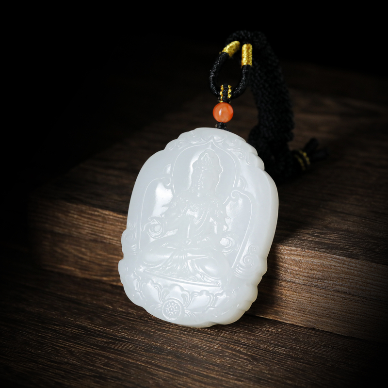 和田玉白玉持莲观音吊坠牌约54*41*12mm 约57g（含绳）29241104-02