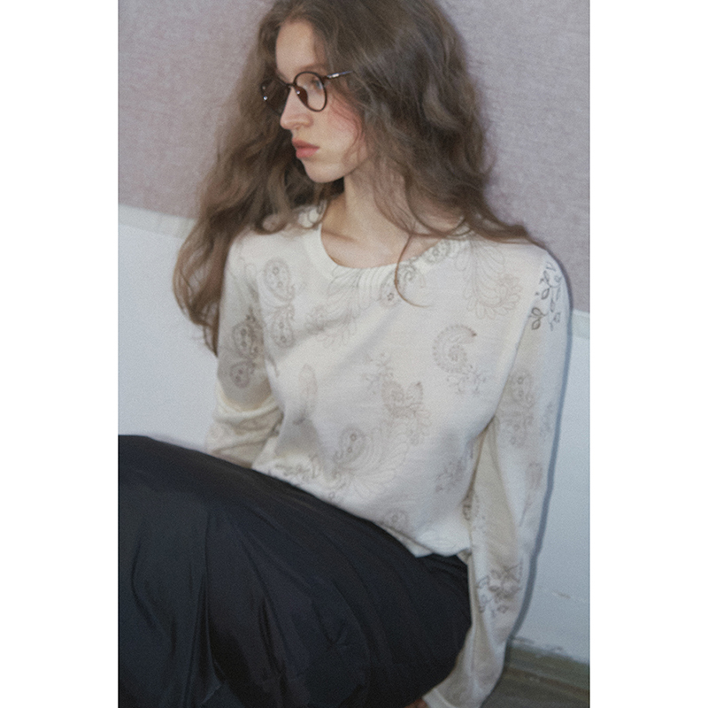 POPCHRIO◆高支JI细羊毛复古原创手绘腰果花印花针织打底衫毛衣女