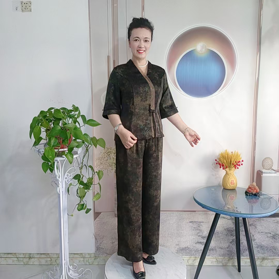 新款V领如意扣富贵竹套装（上衣+裤子）