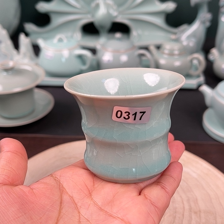 杯0317手工小竹节杯50毫升 ，青鸾汝瓷原矿釉