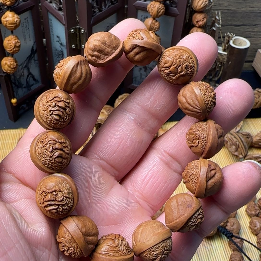 核桃手串/手链手工雕刻龙纹桃核达摩手串一物一图孤品