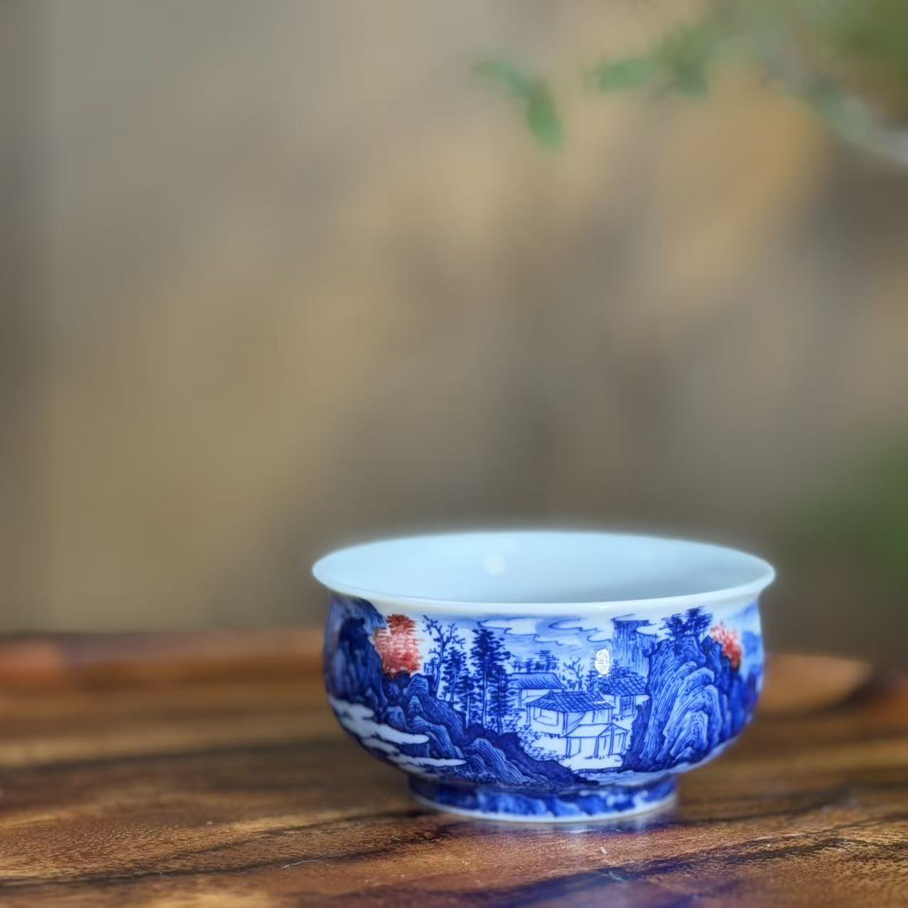 屹朴青花釉里红宋画山水小炉式杯YP082纯手工手绘陶瓷