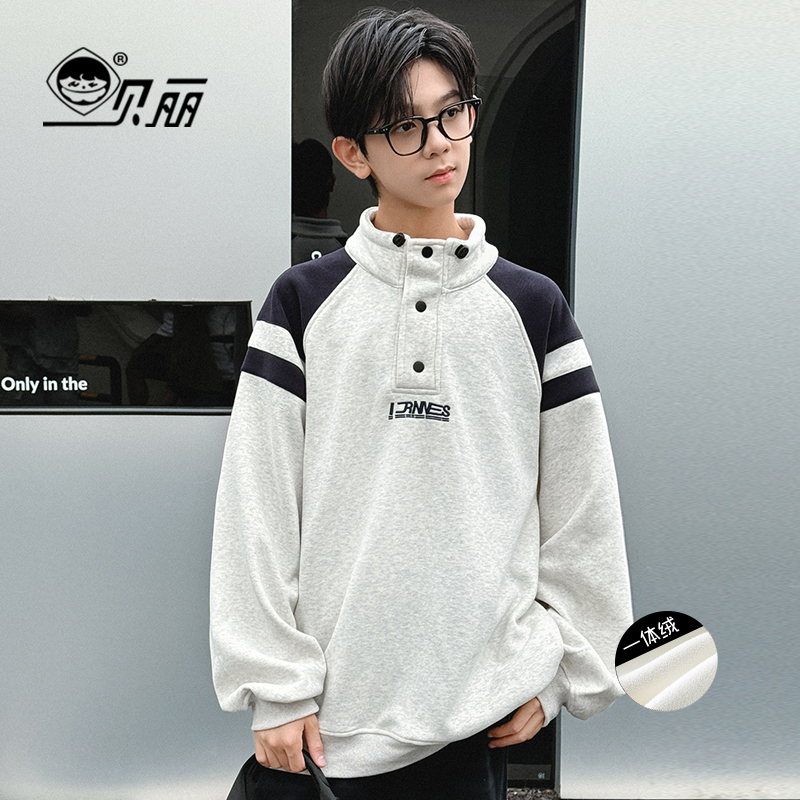 BL3038冬款半扣加绒款字母长袖卫衣撞色拼接加厚韩版中大童上衣