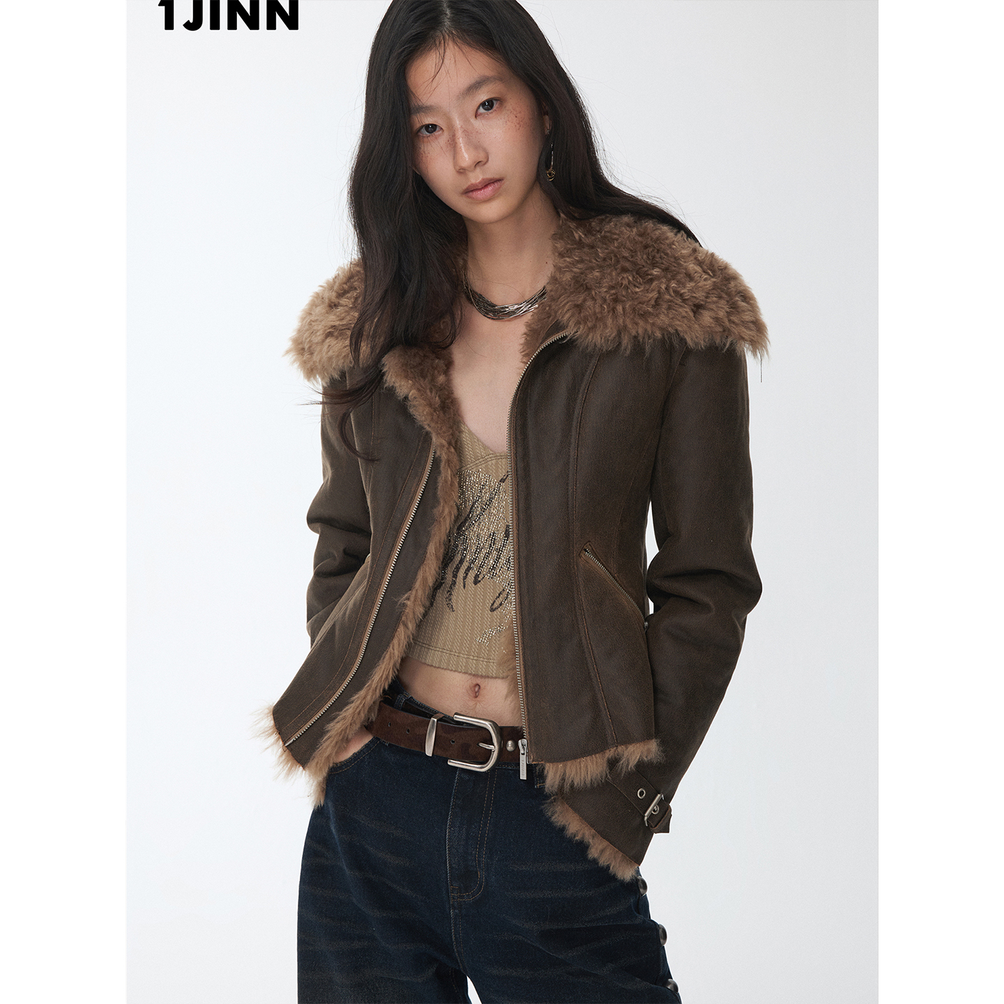 【25冬新VOL.1】1JINN STUDIO 毛毛翻领水洗皮毛一体修身夹克