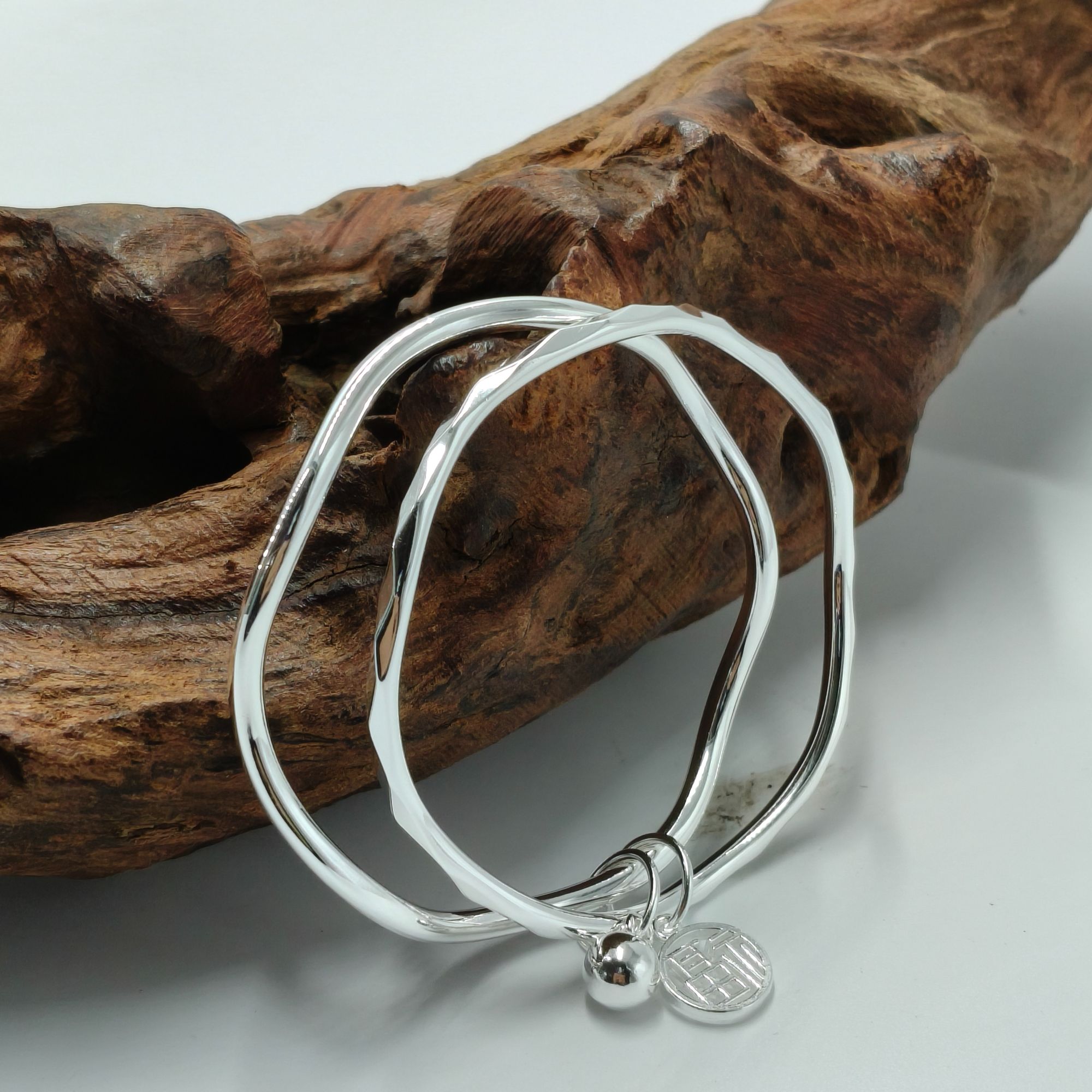 足银手镯  [半亩银田]福字波浪双镯 时尚精美实心百搭