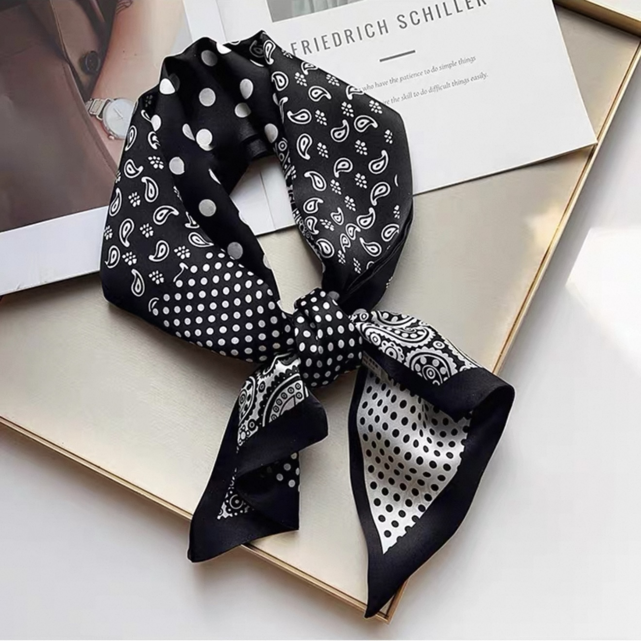 专属【黑白波点腰果圆点】桑蚕丝丝巾145*16cm长巾飘带丝巾搭配J224