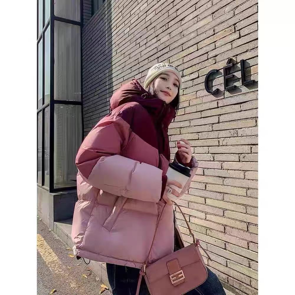 A70#拼色羽绒服2025新款女中长款时尚百搭韩版加厚保暖连帽外套