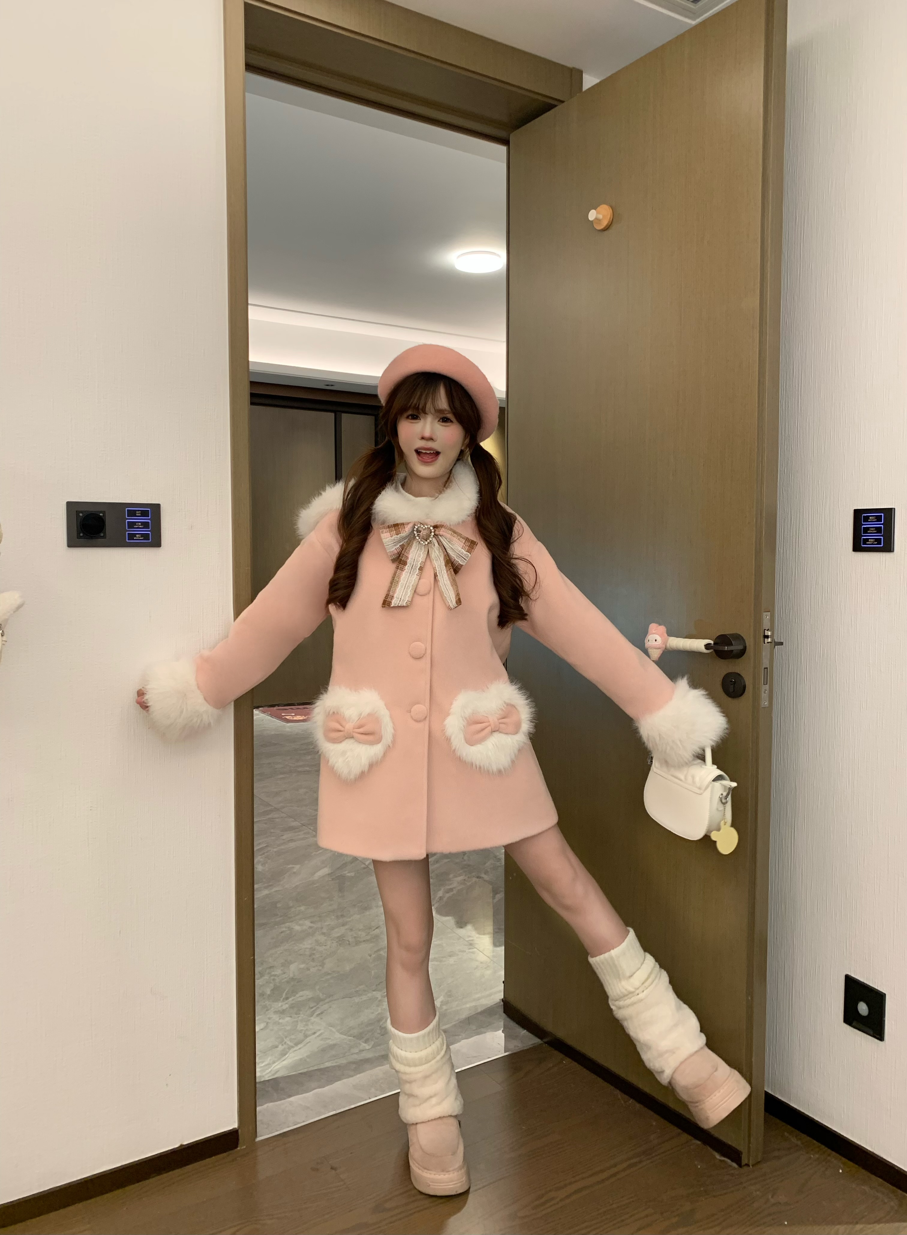 桔梗house 绒粉千金 甜美风毛领连帽格子蝴蝶结呢子大衣外套女