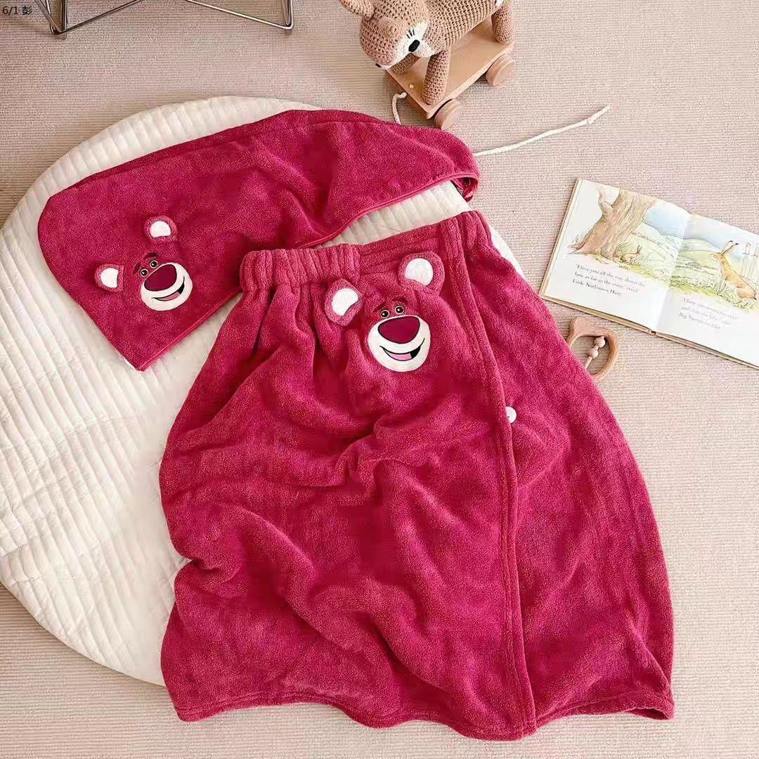 【草莓熊浴巾两件套】珊瑚绒浴巾秒吸水浴巾