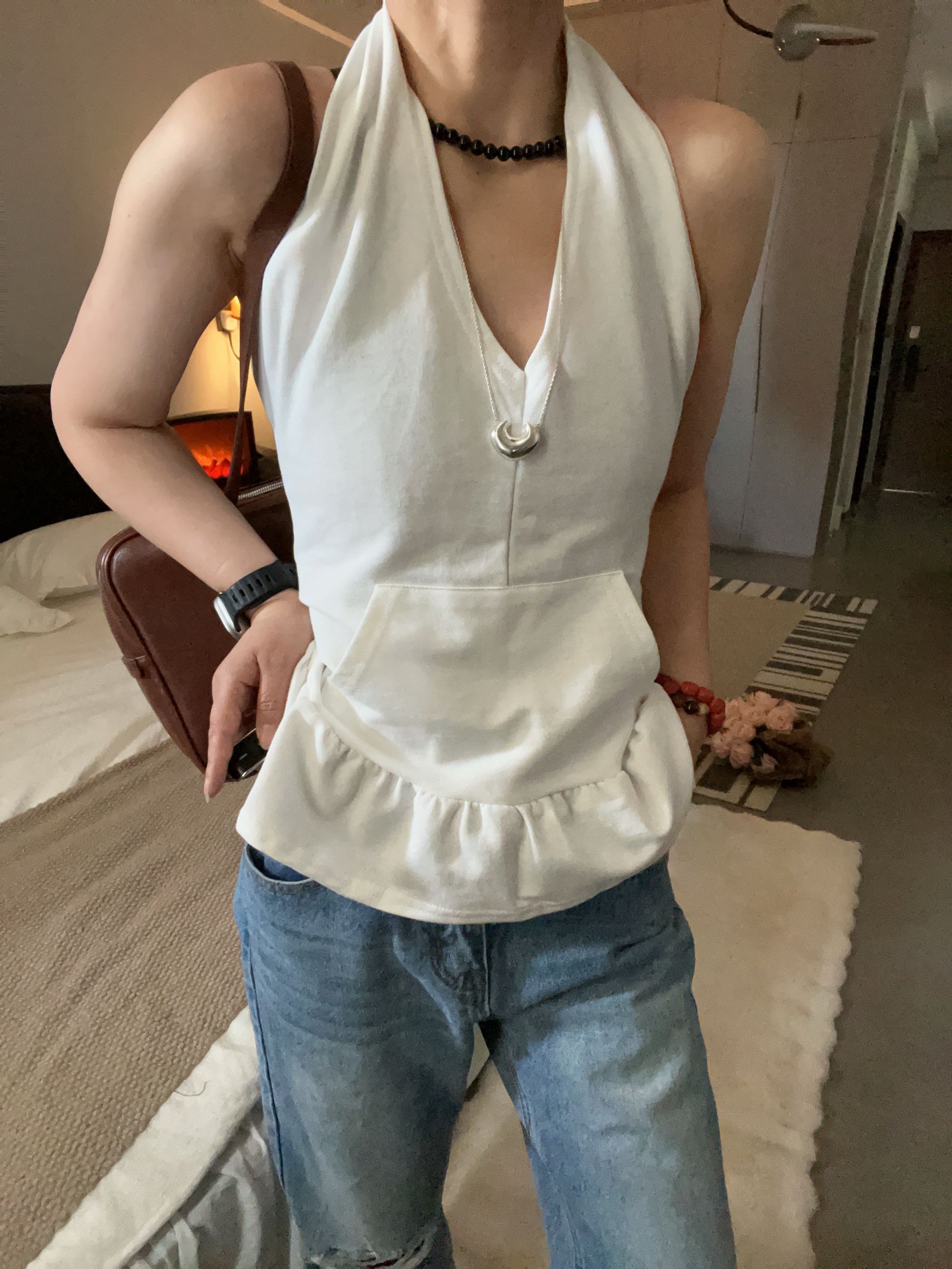 【Miss 程】东大门夏季挂脖荷叶边下摆背心