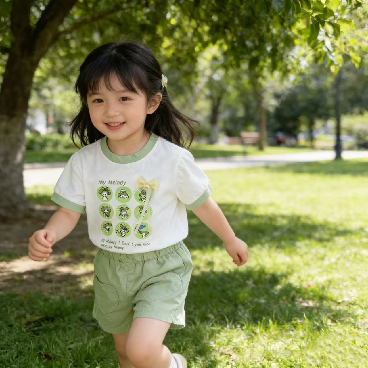 女童时尚洋气夏季套装绿色美乐蒂两件套