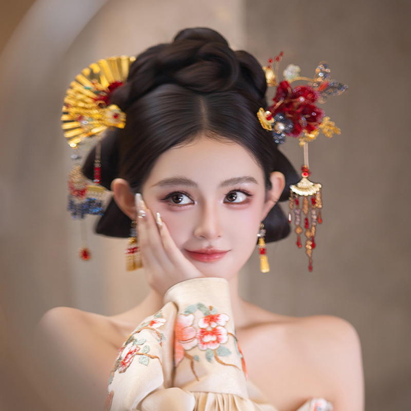合金婚庆饰品 中式新娘精致百搭金红色减龄古典发簪秀禾发饰D0612
