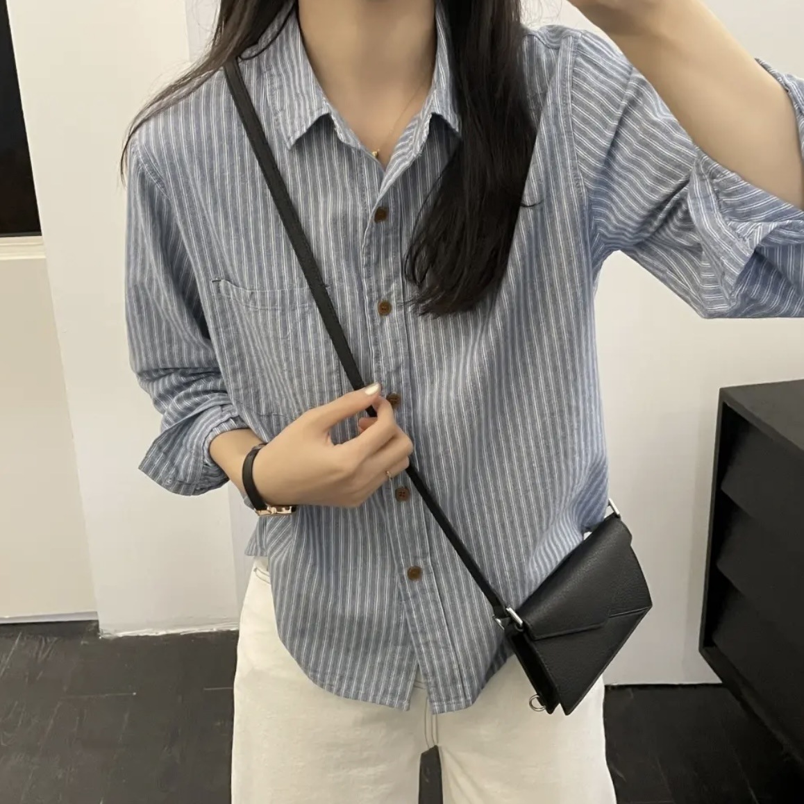 2025春季新款韩版时尚百搭宽松显瘦休闲减龄长袖条纹衬衫上衣