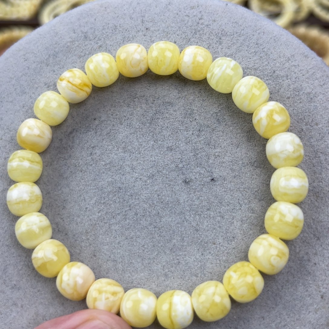 蜜蜡未镶嵌手链纯天然俄料瓷白花虎皮极限弧高桩9*8.5腕口18+