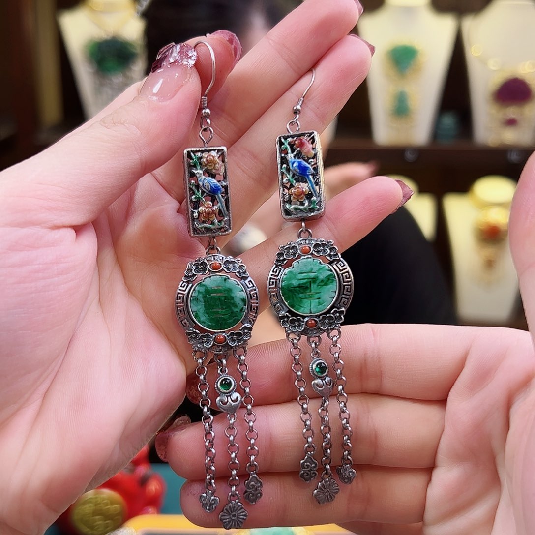 翡翠耳饰银S925镶嵌耳环