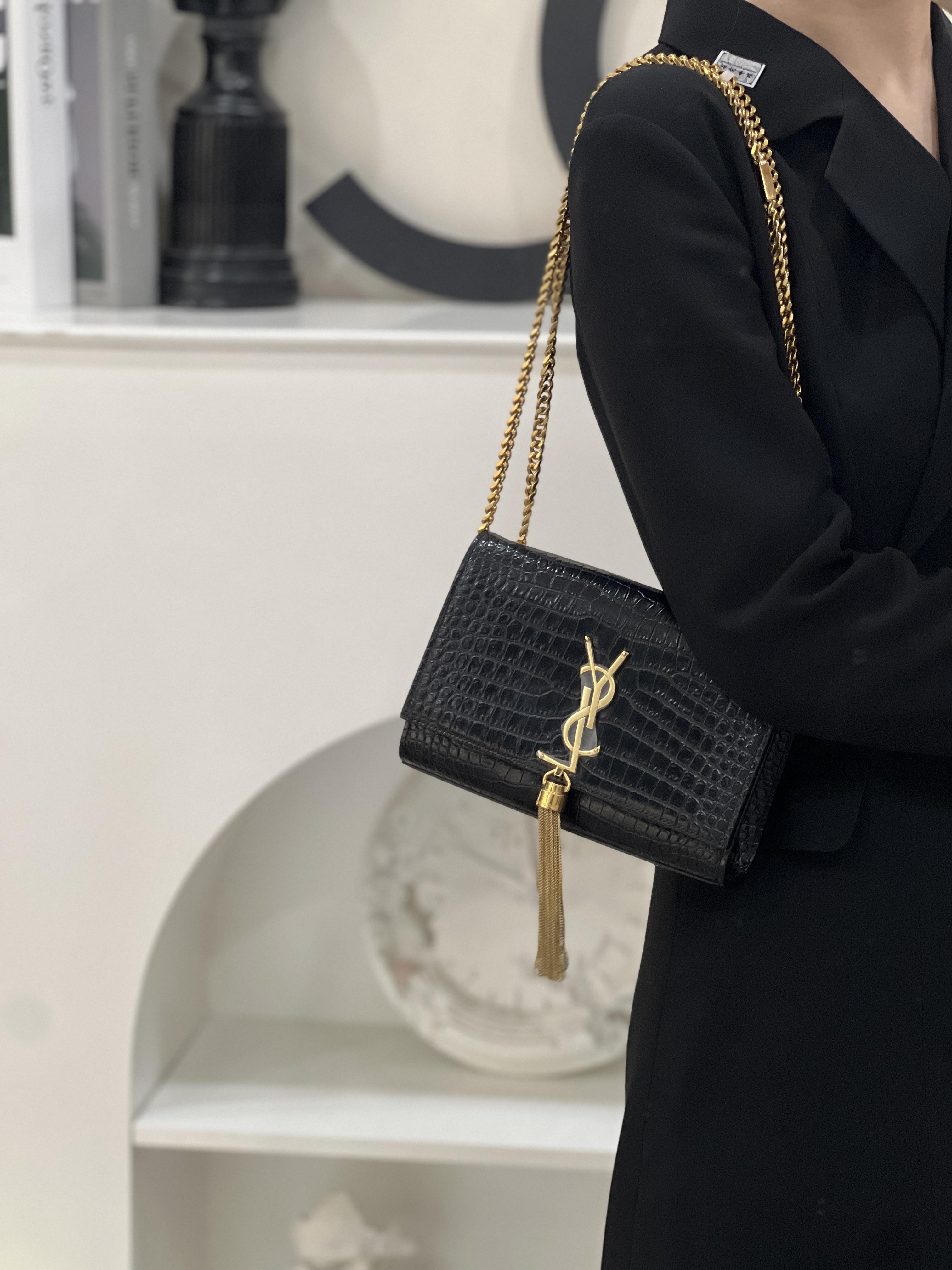 99新 YSL/圣罗兰 ysl Kate流苏小号黑金鳄压包/优品