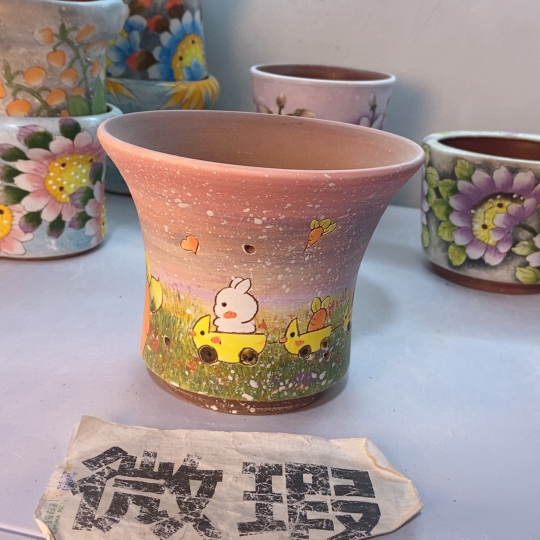 紫砂花盆红陶手绘花盆