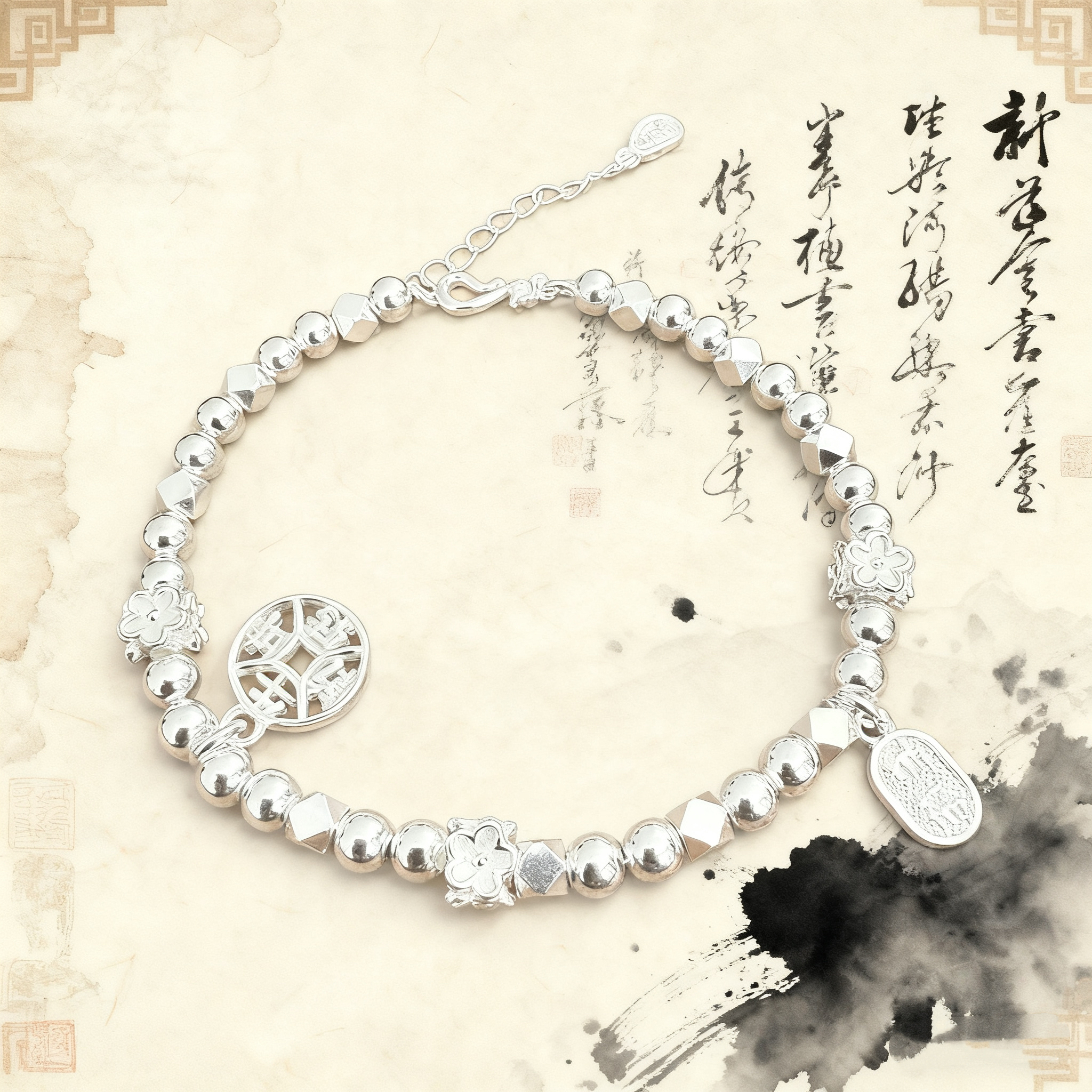 足银手链 【光珠吊铜钱招财手链】足银999百搭时尚大气不过时