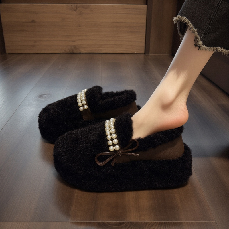 羊羔绒毛毛鞋女2025新款冬季小香风珍珠厚底加绒保暖软底孕妇棉鞋
