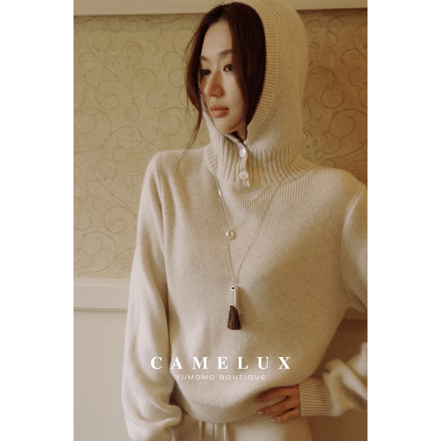 【Camelux线】挚素毛衣 羊毛浣熊绒混纺 连帽纽扣针织上衣 QHA4058