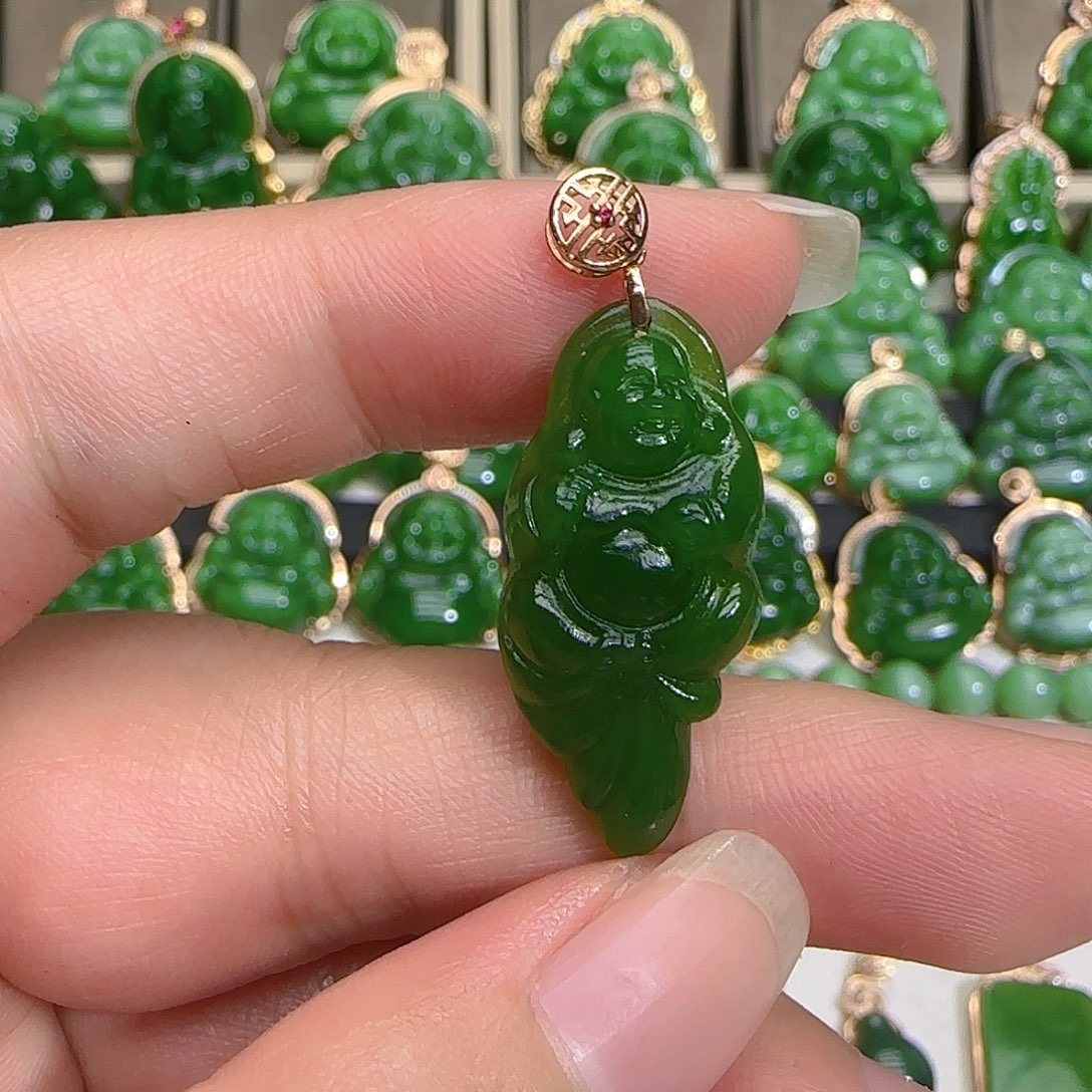 和田玉（碧玉）吊坠(不含链)18K金镶嵌