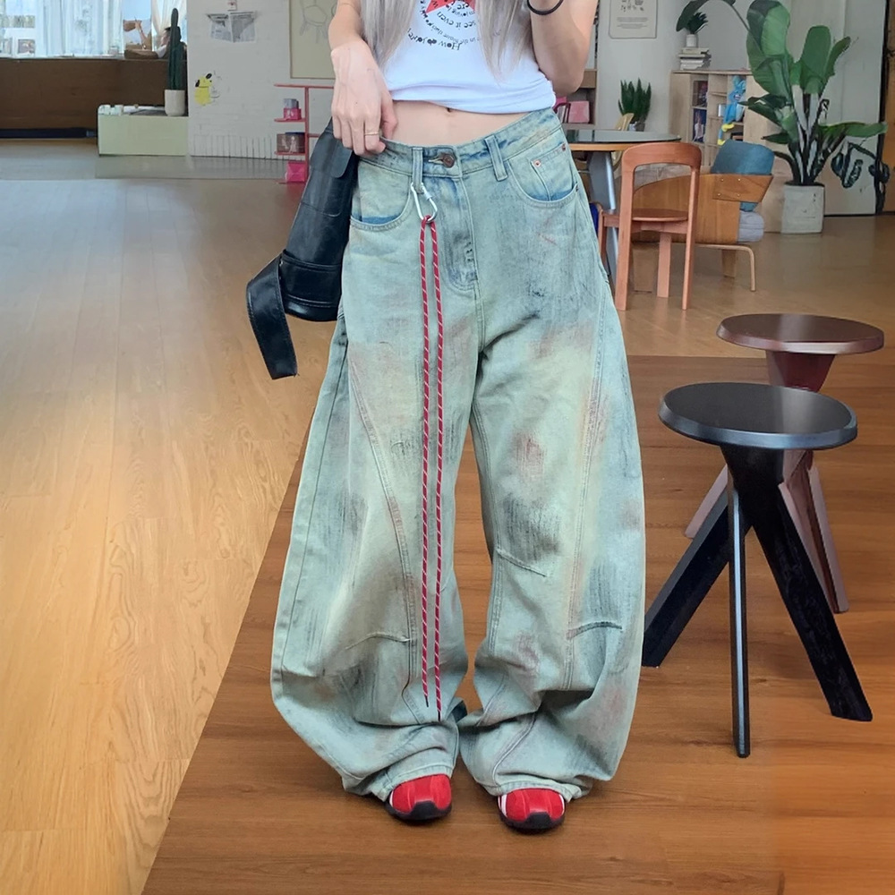 【女明星】美式复古脏染弯刀牛仔裤女高腰宽松阔腿镰刀裤子