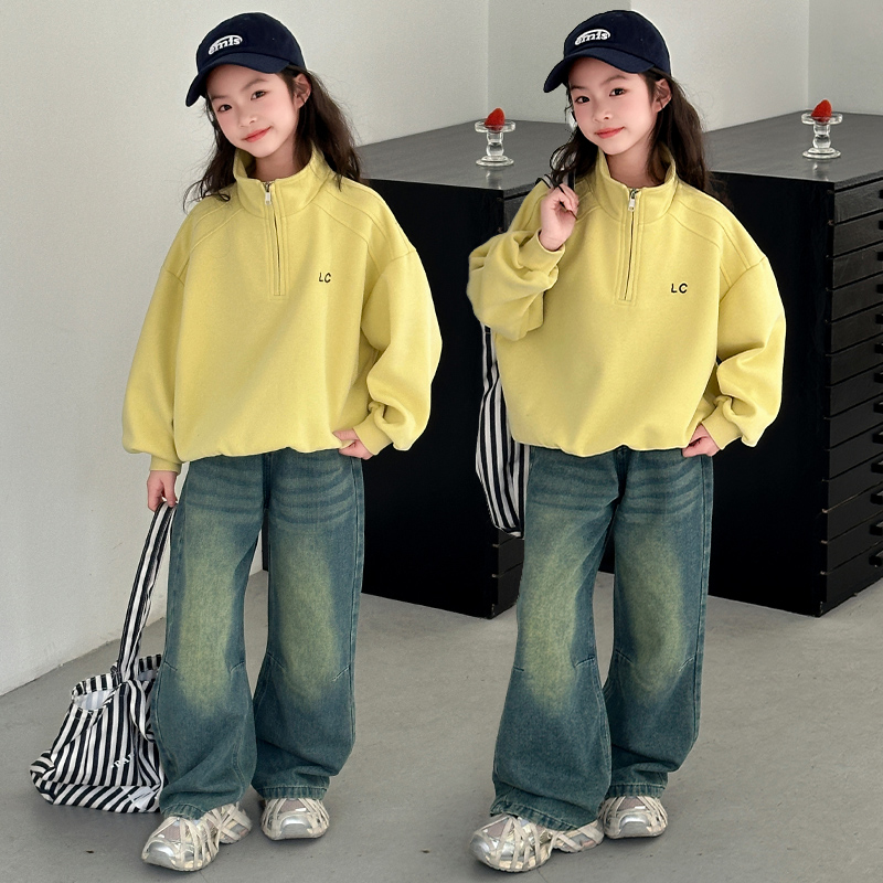 女童春季套装2025新款儿童立领半拉链卫衣中大童牛仔裤春秋两件套