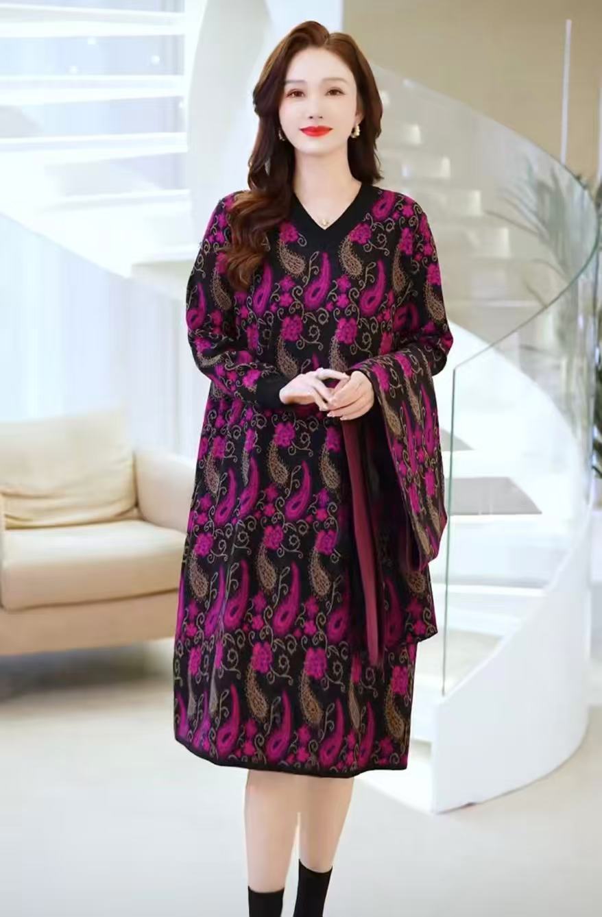 [033]秋冬季优雅时髦时尚气质网红提花工艺装民族风连衣裙妈妈装