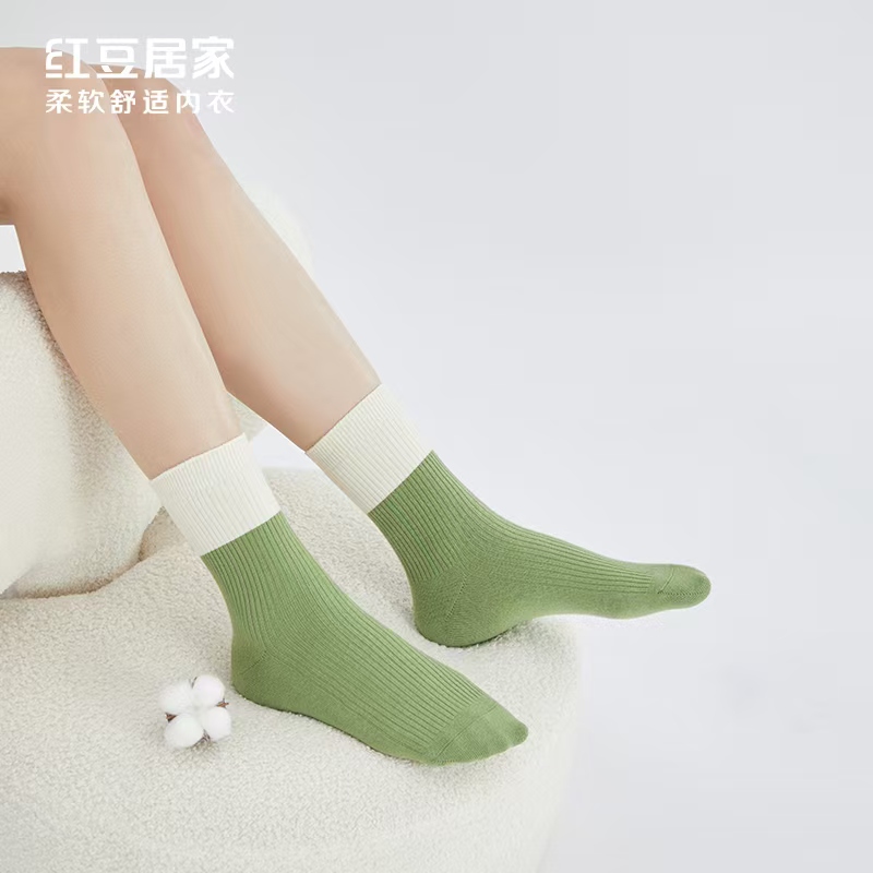 【红豆居家专柜款】厚款保暖运动风袜子中筒袜拼接长筒袜防臭