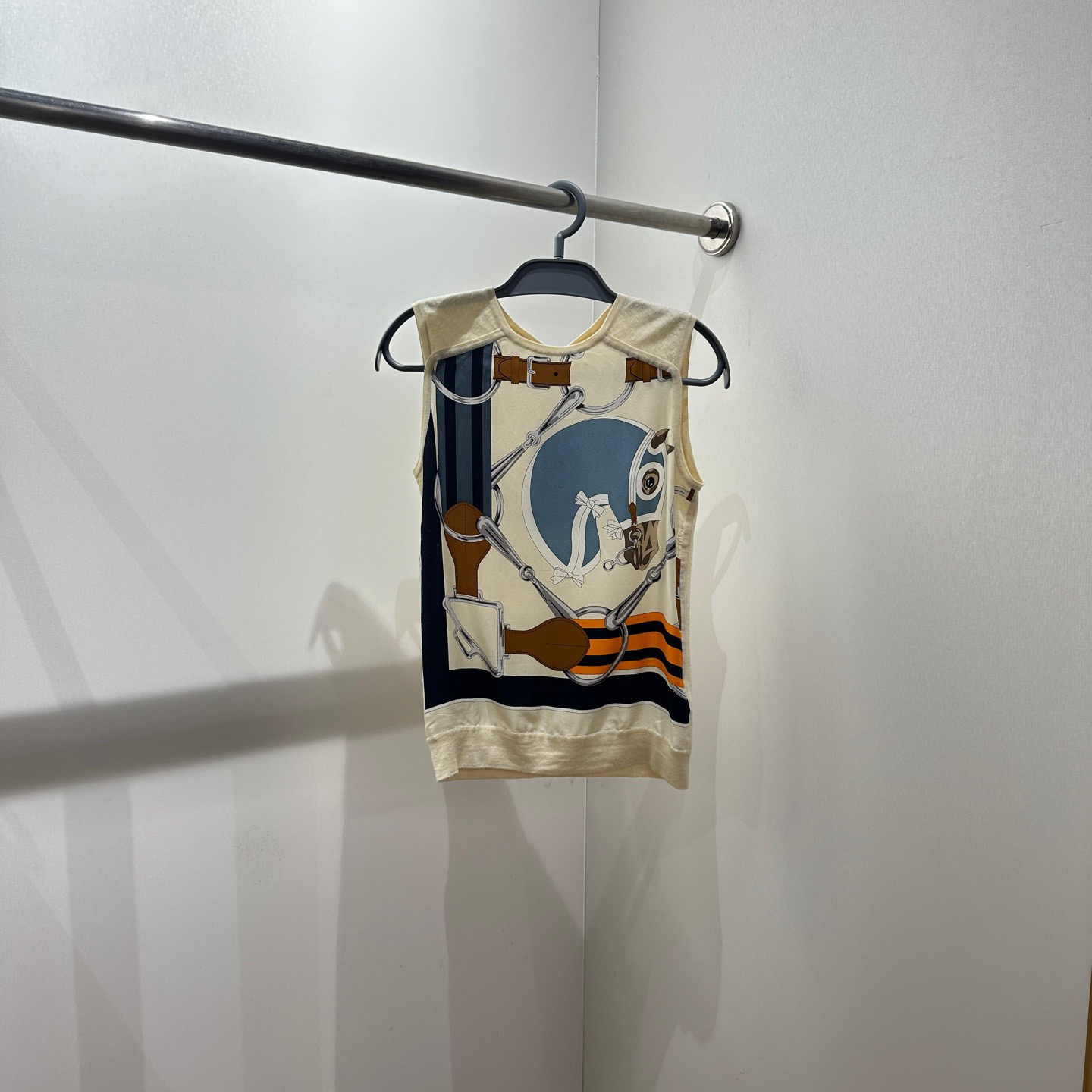 99新 Hermes/爱马仕 dec402 图案印花山羊绒真丝背心 34码 山羊绒