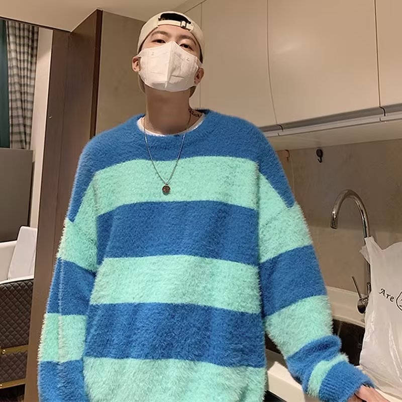 5627秋冬季新款美式复古撞色毛衣男女针织衫宽松慵懒风上衣