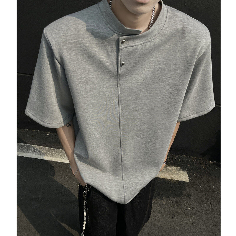 cleanfit立领垫肩短袖男款夏季设计感小众t恤重磅太空棉美式半袖