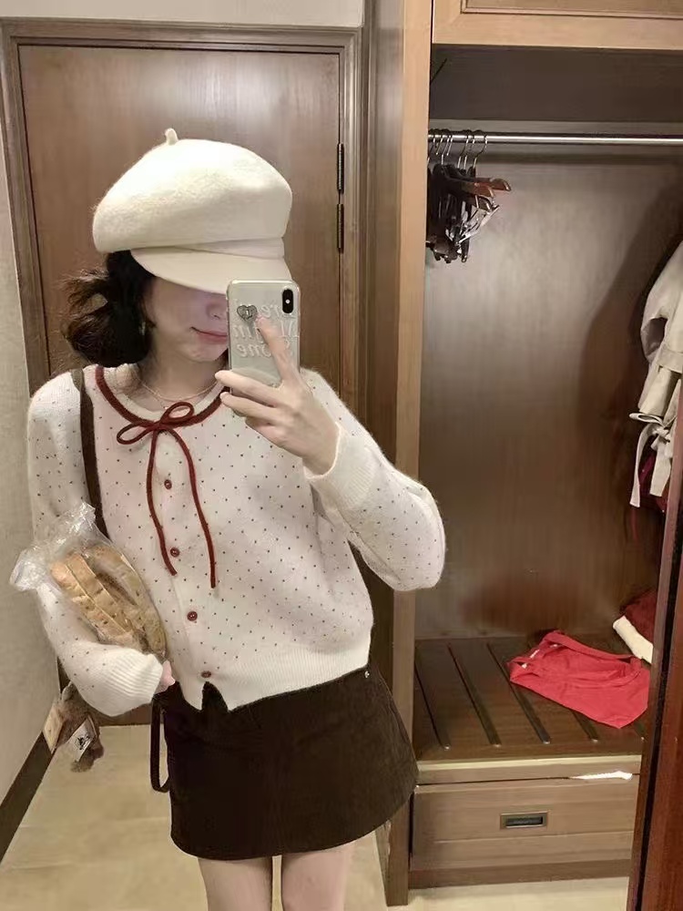 时尚提花毛针织衫服装版型女气质波点简约通勤开衫蕾丝小香风网红