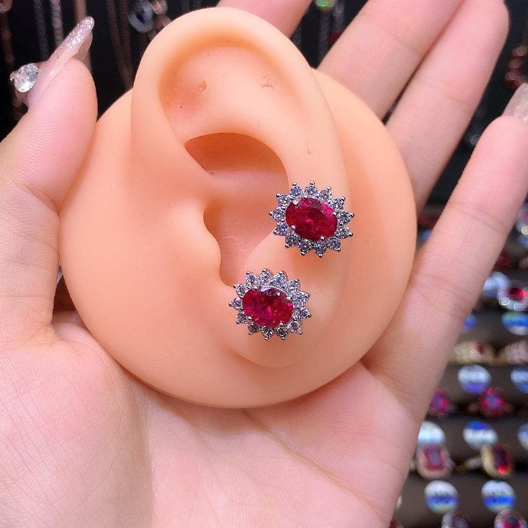 耳饰银S925镶嵌红宝石68白