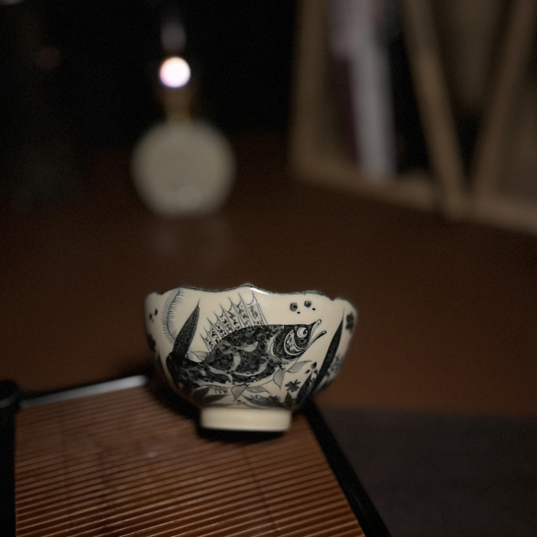 幽蓝溪堂景德镇陶瓷手工手绘仿元二号釉系列鱼藻花口主人杯茶杯