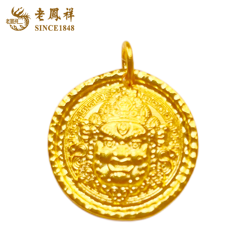 老鳯祥足金999古法金黄财神吊坠双面金色雕刻挂坠