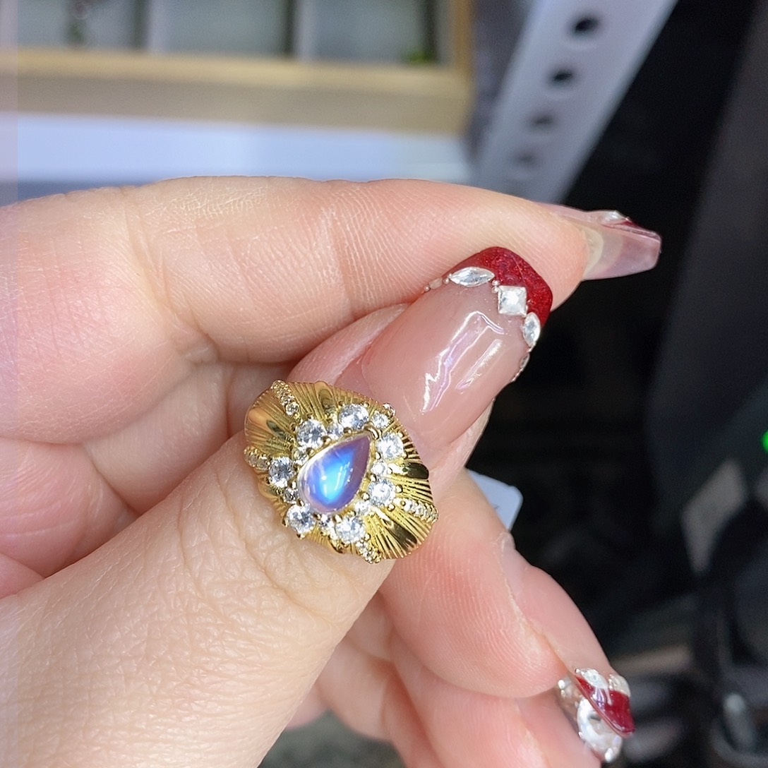 月光石戒指银S925镶嵌