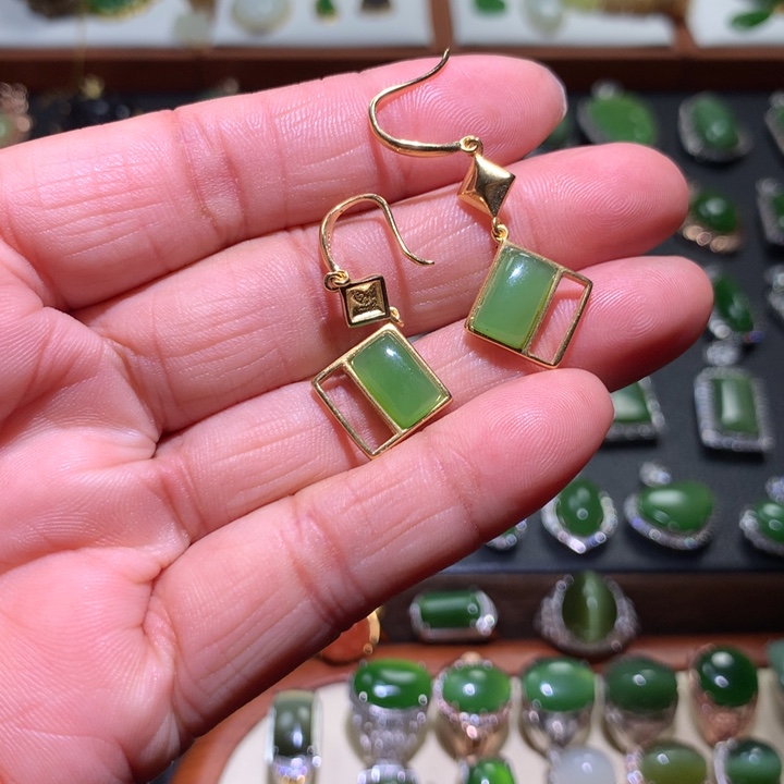 和田玉耳坠银S925镶嵌