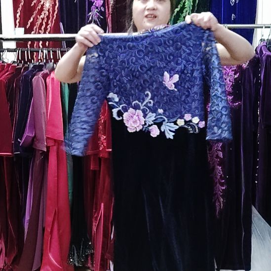 燕***格蓝色品牌金丝绒拼接长款连衣裙l码