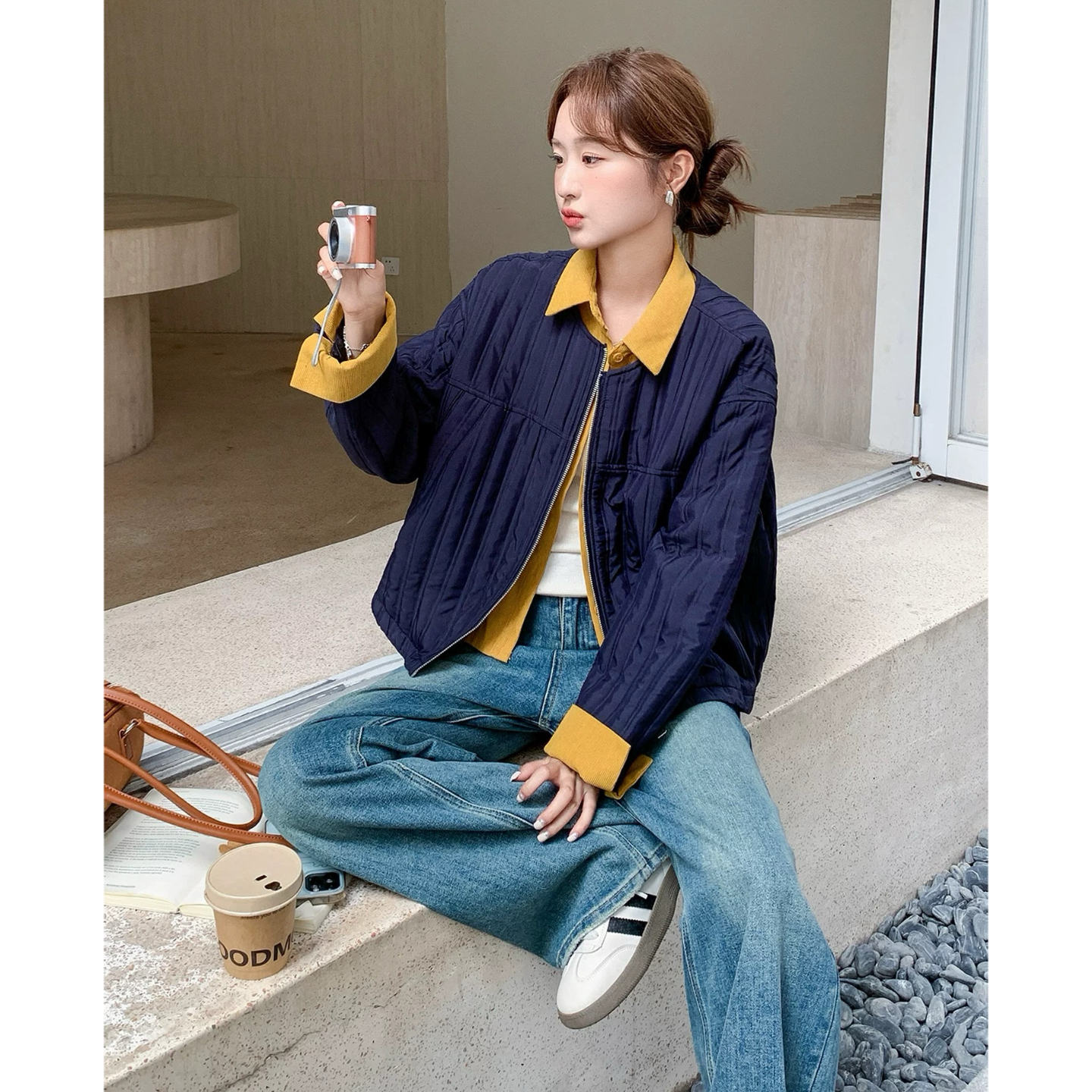 妮妮家7236秋冬新款韩系百搭假两件撞色夹棉夹克外套！！