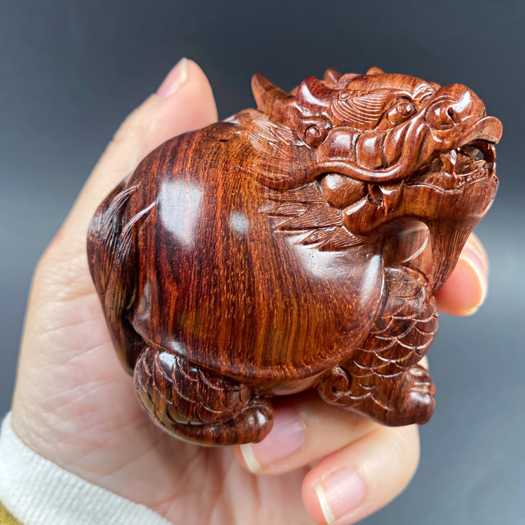 海南黄花梨紫油梨老料手工雕刻龙龟文玩摆件湘工雕刻手把件110克