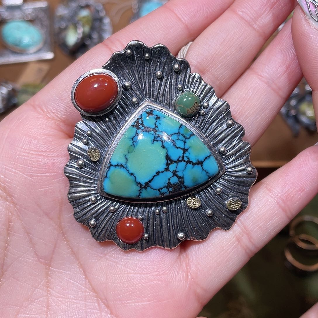 嘘***吧绿松石银S925镶嵌颈饰吊坠