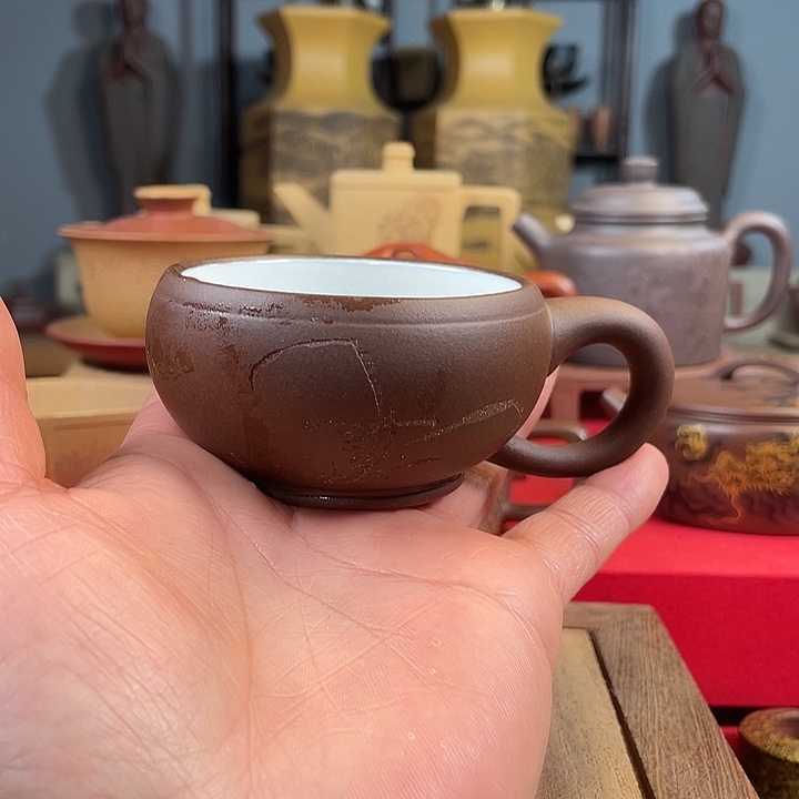 茶杯紫砂紫砂把白釉杯微瑕