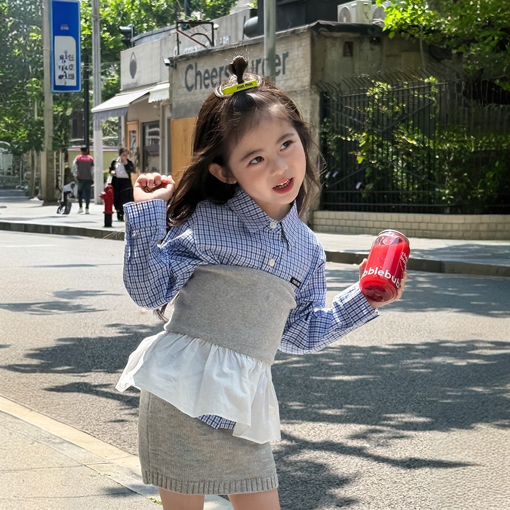 女童miu系格子衬衫儿童贴标长袖翻领衬衣2025秋新款叠穿洋气甜酷