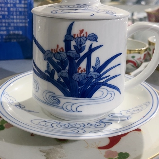 盘手绘办公杯一套有底陶瓷