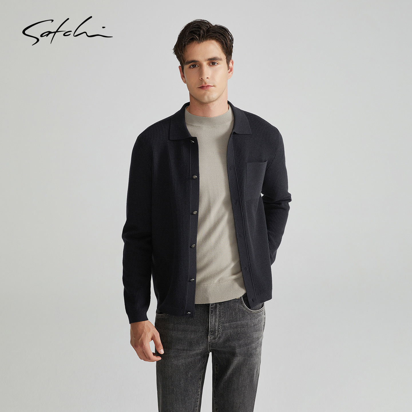 【绵羊毛】SATCHI沙驰男装男士针织夹克秋季新款商务休闲开衫外套厚