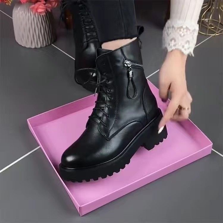 【有运费险】真软皮新款马丁靴女2024百搭厚底防水台粗跟加绒皮靴