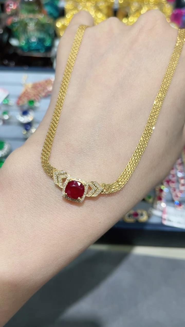18K金镶嵌天然红宝石项链坦克链