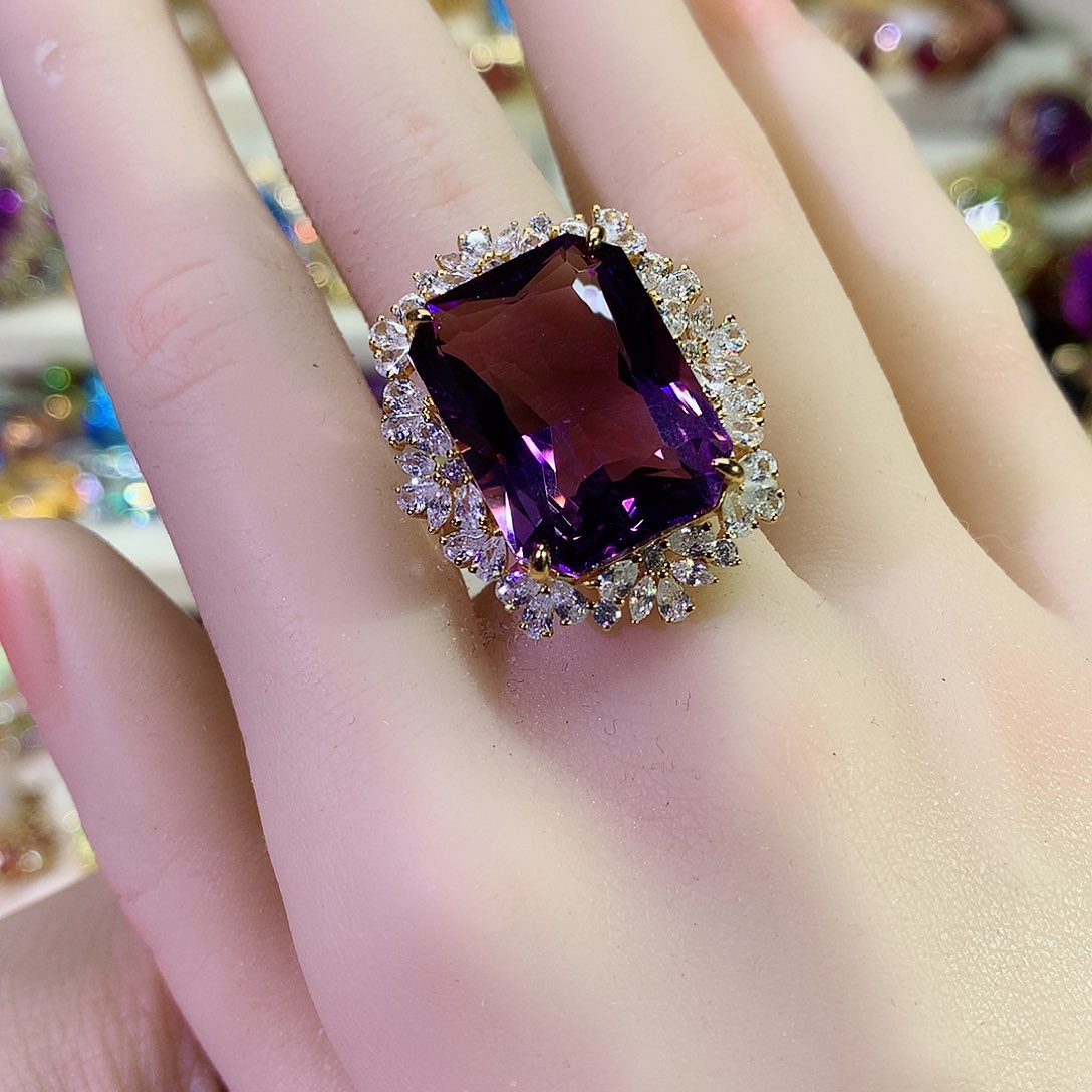 紫晶戒指银S925镀金镶嵌千*