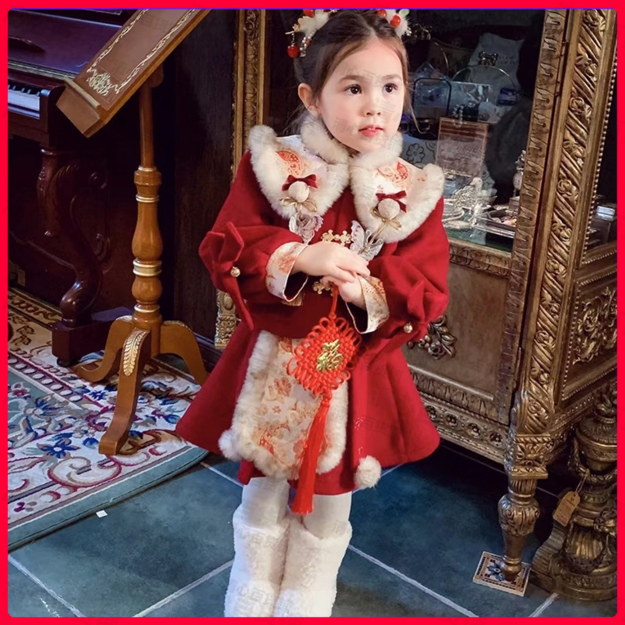 2024国风新款儿童唐装拜年服洋气女孩冬装汉服套装裙女童外套加绒